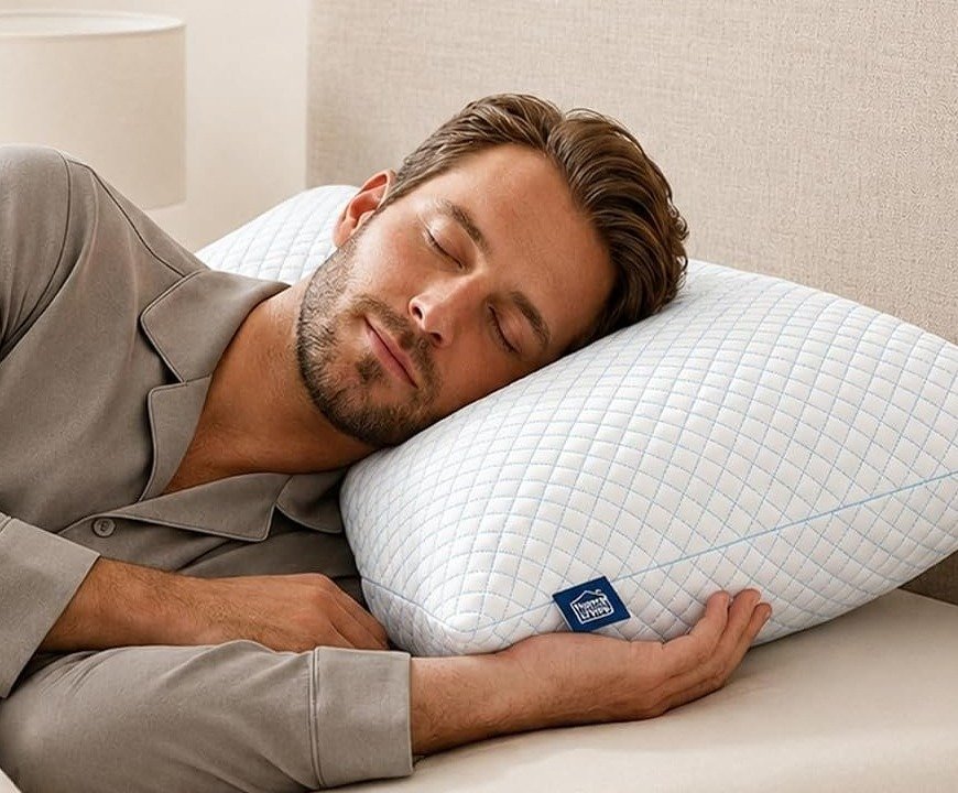 Man sleeping on a Snoozel cooling pillow