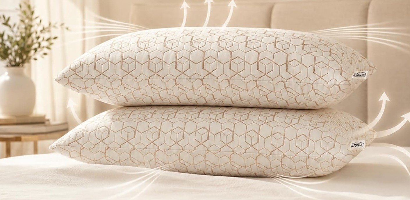 Snoozel copper infused pillows stacked on a bed
