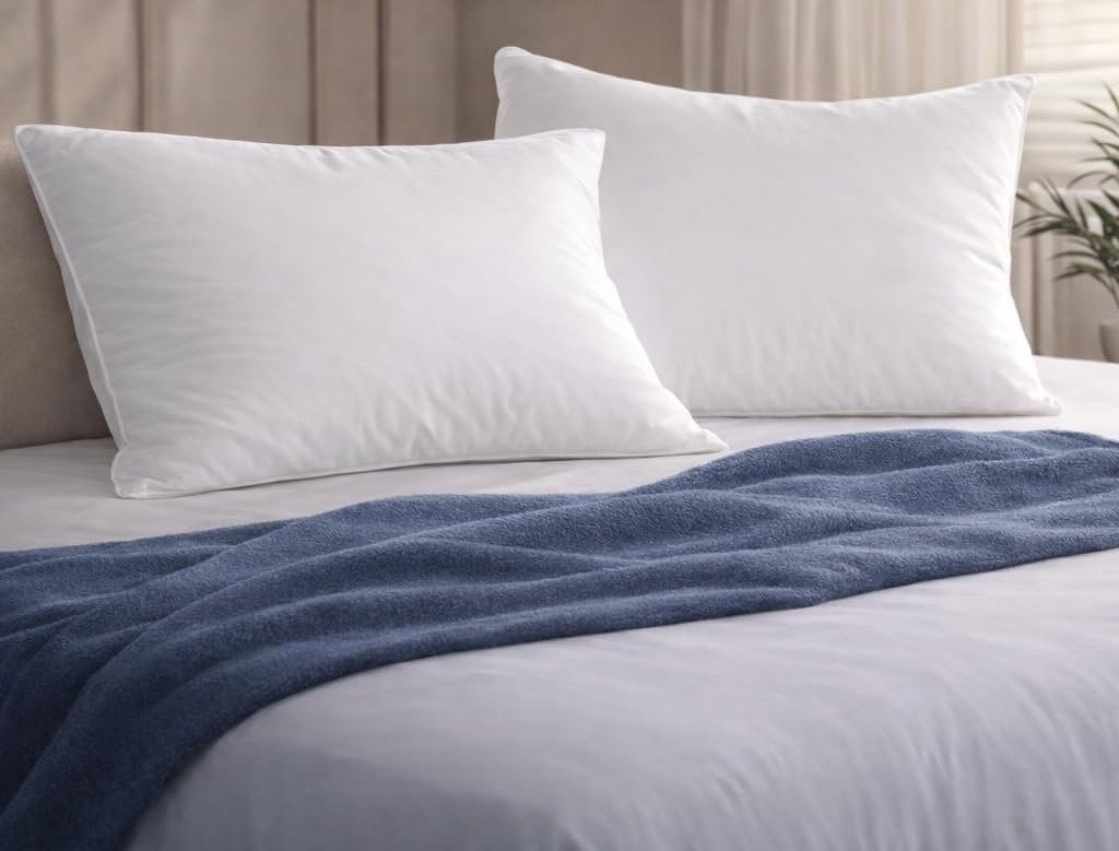 Snoozel duck feather pillows on a made bed with a navy throw