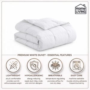 Duvet styled on a made bed in a bright bedroom