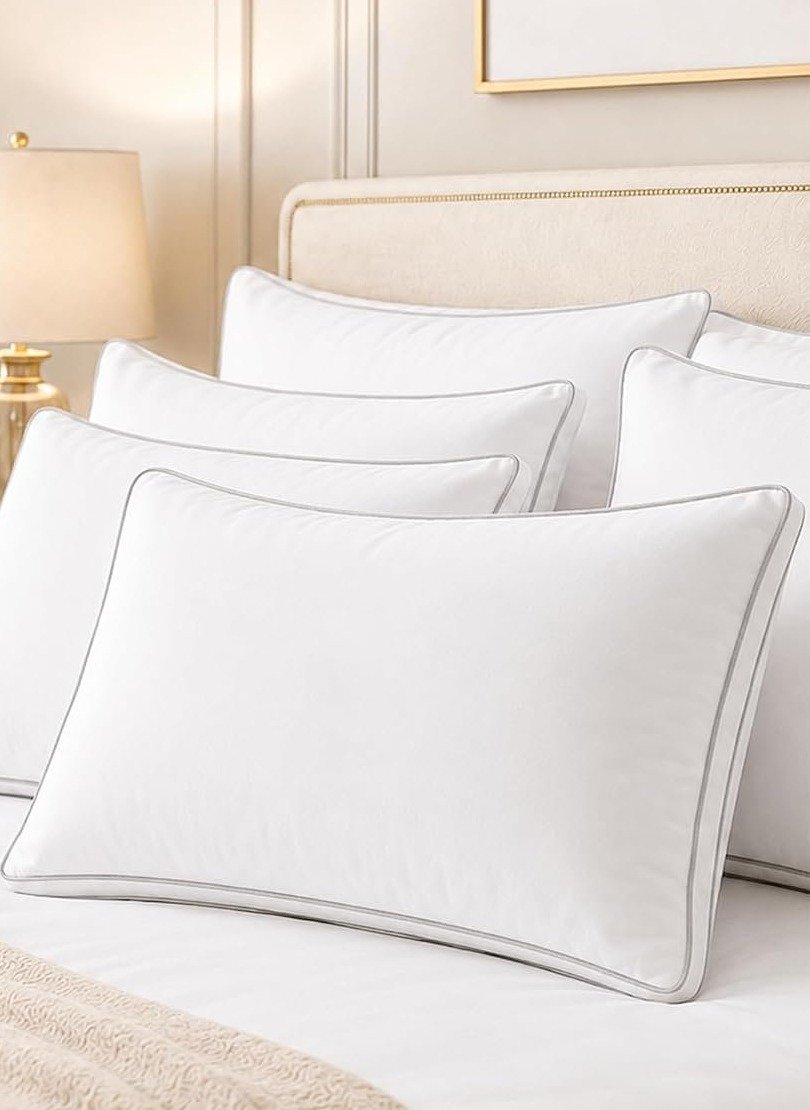 Snoozel luxury pillows with piped edges on a made bed